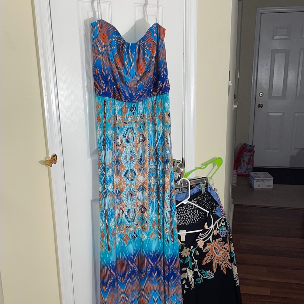 BISOU Teal Coral Navy Icon Vibrant Strapless Maxi Dress 16